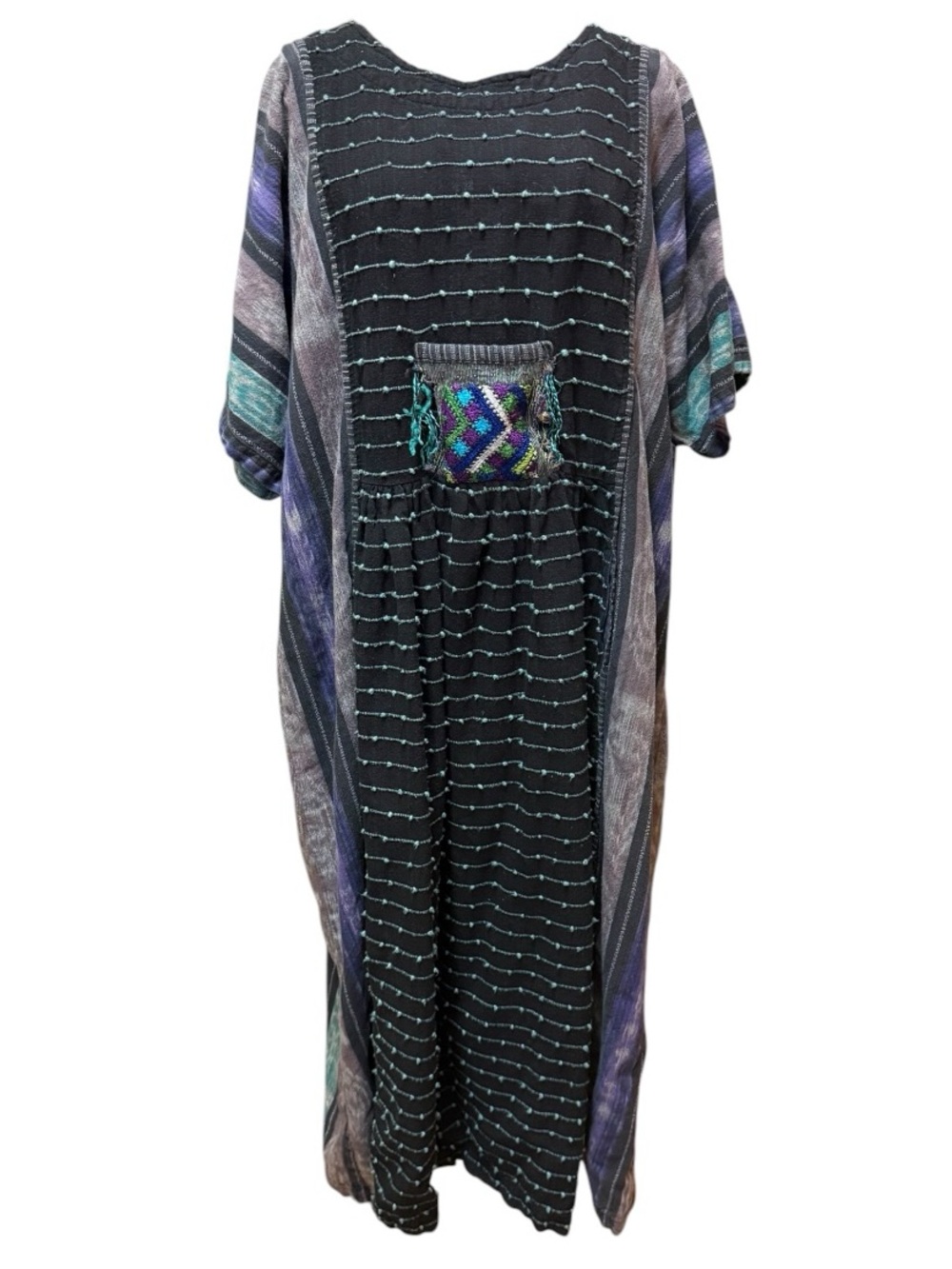 VTG Vida Cotton Boho Black & Teal Embroidered Thick Maxi Dress M/L
